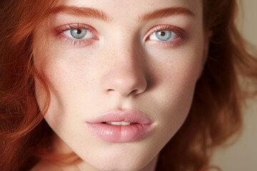 Wall Mural - Face of beautiful young woman with red hair, blue eyes and freckles