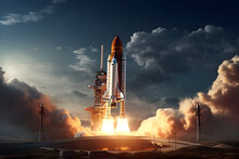 A Giant Rocket Slowly Lifting Off The Launchpad, Its Engines Roaring And Smoke Billowing Out From The Exhaust