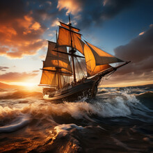 Barque Sailing On The Sea Under The Dawn Beautiful
