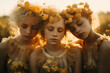 drei Mädchen mit geschlossenen Augen und gelben Blumen auf dem Kopf, three girls with closed eyes and yellow flowers on head