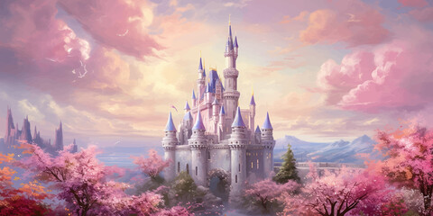 Princess Castle. Magic Pink Castle in the clouds. Fantasy world. Fairytale landscape. Cartoon Castle in the blue sky. Pink clouds. Flowers. Kingdom. Magic tower. Fairy city. Illustration for children