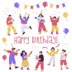 Wall Mural - Children at Happy Birthday Party Celebrating Holiday Vector Set