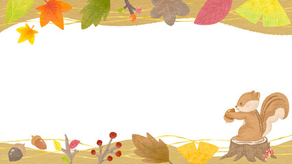 Wall Mural - Japanese style autumn plants and squirrel background frame, textured colored pencil/crayon hand-drawn illustration / 和風な秋の植物とリスの背景フレーム、質感のある色鉛筆・クレヨンの手描きイラスト