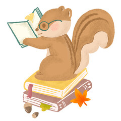 Wall Mural - A squirrel wearing glasses is reading on top of a book (autumn reading), hand-drawn textured colored pencil illustration / 本の上でメガネをかけたリスが読書している(読書の秋)、質感のある色鉛筆の手描きイラスト