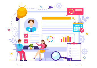 HRM Human Resource Management Vector Illustration with System Managing Company Employee for Marketing Materials and Business Background Design