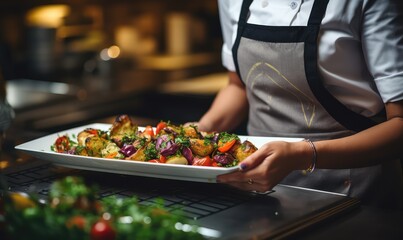 Wall Mural - close up shot of a cook's woman hands preparing an order . Generative AI