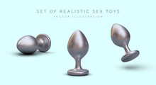 Classic butt plug with limiter. Silver sex toy for adults. Smart plug with vibration. Anal metal device for men and women. Theme color icons for sex shop
