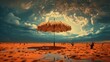 Inverted rain falling from a vibrant sky onto an umbrella-covered desert | generative AI