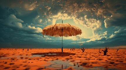 Inverted rain falling from a vibrant sky onto an umbrella-covered desert | generative AI