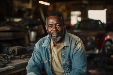 Man repairing a car in auto repair shop. Middle aged African American man in his workshop.