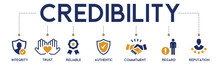 Credibility Banner Website Icons Vector Illustration Concept Of With An Icons Of Integrity, Trust, Reliable, Authentic, Commitment, Regard And Reputation On White Background