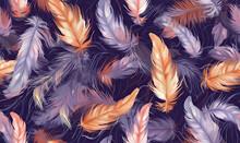 Pattern With Feathers On Black Background. Colorful Bird Feathers Fly Apart. For Banner, Postcard, Book Illustration. Created With Generative AI Tools