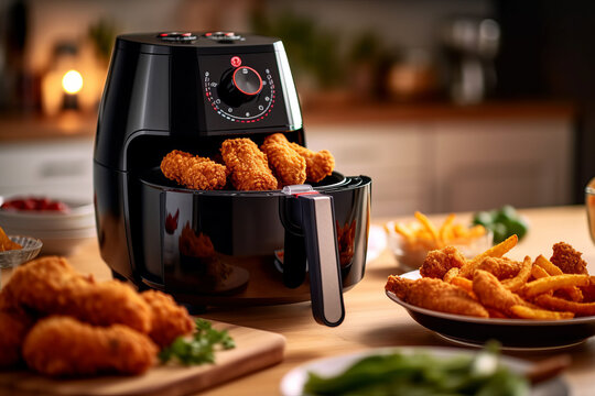 Air fryer with fried breaded chicken on the table in the kitchen..generative ai