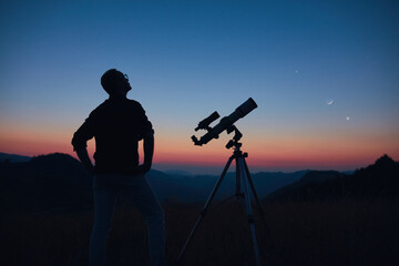 Wall Mural - astronomer looking at the starry skies and crescent moon with a telescope.