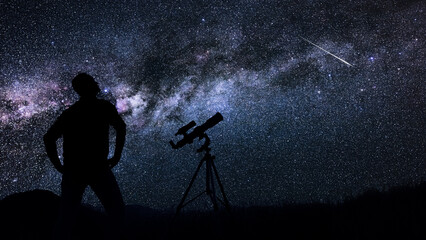 Wall Mural - astronomer looking at the starry skies and meteors with a telescope.