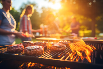 Wall Mural - Grilled meat on the grill with people and sunlight at background ai generated art. 