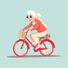 
Cute Elderly Woman Rides A Bike. Flat Illustration On The Theme Of Health, Activity Of The Elderly