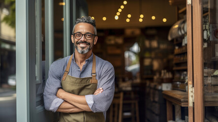 A small business owner smiles at the front door with his arms crossed. Generative Ai