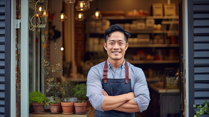 Asian male small business owner smiling at front door with arms folded. Generative Ai