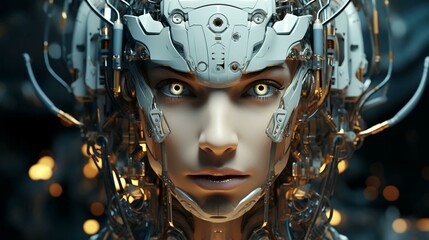 Poster - Connection of human woman and artificial intelligence robot. The concept of merging a person and a computer with neural networks in the future. AI generated