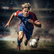 © hakule - soccer player in action on the field of stadium under spotlights. created by generative AI technology.