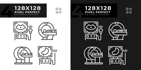Wall Mural - Medical imaging technology pixel perfect linear icons set for dark, light mode. Hospital equipment. Clinical diagnostic. Thin line symbols for night, day theme. Isolated illustrations. Editable stroke