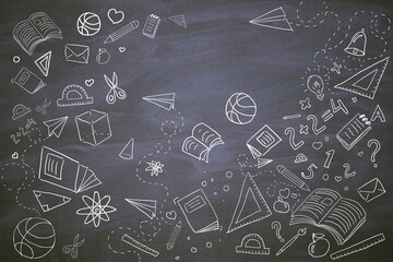 Poster - Creative back to school sketch on chalkboard wall background. Education and knowledge concept.