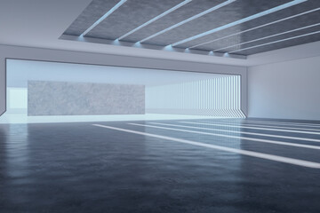 Poster - Bright spacious concrete interior with mock up place on wall. Exhibition hall. 3D Rendering.