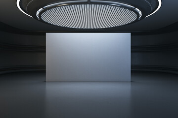 Poster - Modern dark futuristic interior with round ceiling and empty banner with mock up place. Grunge garage concept. 3D Rendering.