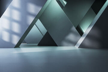 Aufkleber - Bright concrete gallery interior with geometric walls. 3D Rendering.