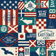 East Coast Nautical Flags And Sailing Elements Patchwork Vector Seamless Pattern 