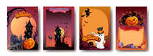 Vector Set Of Halloween Party Invitations. Place For Text. Brochure Background And Traditional Symbols.