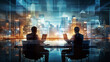 © PETR BABKIN - two businessmen are negotiating at a table near a large panoramic window in the office overlooking the Big night city, legal AI