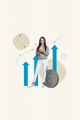 Aufkleber - Vertical creative composite abstract photo collage of successful woman hold smartphone investing money isolated on drawing background