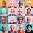 © Victor - Photo collage portrait of multiracial smiling senior people with different ages looking at camera. Mosaic of happy elderly faces.