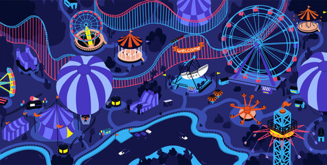 Childish amusement park at night. Fun summer evening on carnival, lights of attractions, carousel. Family recreation, leisure on funfair. People ride on rollercoaster, wheel. Flat vector illustration