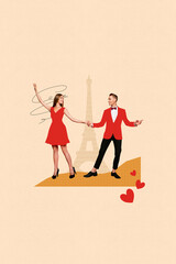 Sticker - Vertical creative composite photo collage of positive elegant couple dancing on romantic date in france isolated drawing background