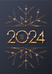 Wall Mural - happy new year 2024 with gold frame and snowflake. shining with sparkles numbers and border merry ch