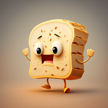3D funny cartoon slice of bread, scared bread on minimalistic background
