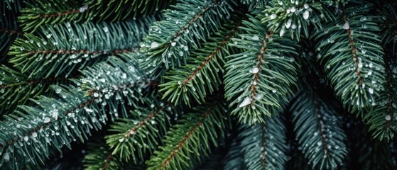 close up snow-covered fir green branches and snowfall flakes. Christmas banner background