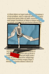 Poster - Vertical creative composite photo collage of good mood positive girl dancing in laptop screen read post isolated on painted background