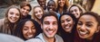 © Fred - Multiracial friends taking big group selfie shot smiling at camera Laughing young people standing outdoor and having fun