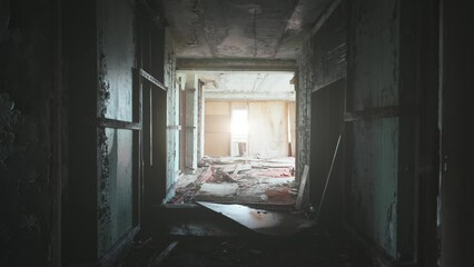 Wall Mural - Dark corridor in old broken building with sun light in end.