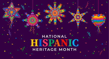 Wall Mural - Holiday pinata on national Hispanic heritage month festival, vector banner background. Hispanic Americans culture, traditions and art heritage festival poster with colorful pinatas heart and star