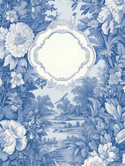 Wall Mural - French Floral Toile Blue wedding invitation card, with an empty space to write a greeting