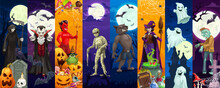 Halloween Characters Collage With Spooky Monsters Of Horror Night Holiday, Cartoon Vector. Halloween Holiday Scary Pumpkins, Zombie And Mummy, Witch With Vampire, Werewolf And Ghosts At Cemetery