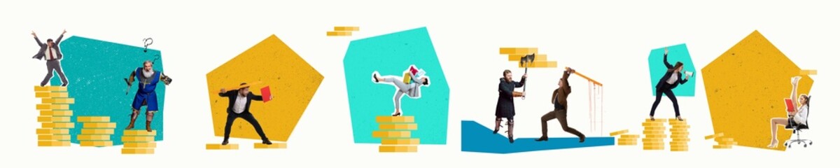 Wall Mural - Motivated people overcoming professional difficulties and reaching success. Ambitions and growth. Contemporary art collage. Concept of business, career development, office, job fair. Banner, ad
