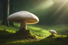 Giant Mushrooms Forming A Whimsical Village In A Misty Forest