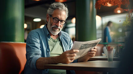 Wall Mural - morning routine. man reading newspaper in cafeteria and drinking coffee