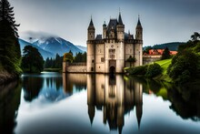 Castle Emerging From The Center Of A Reflective Moat